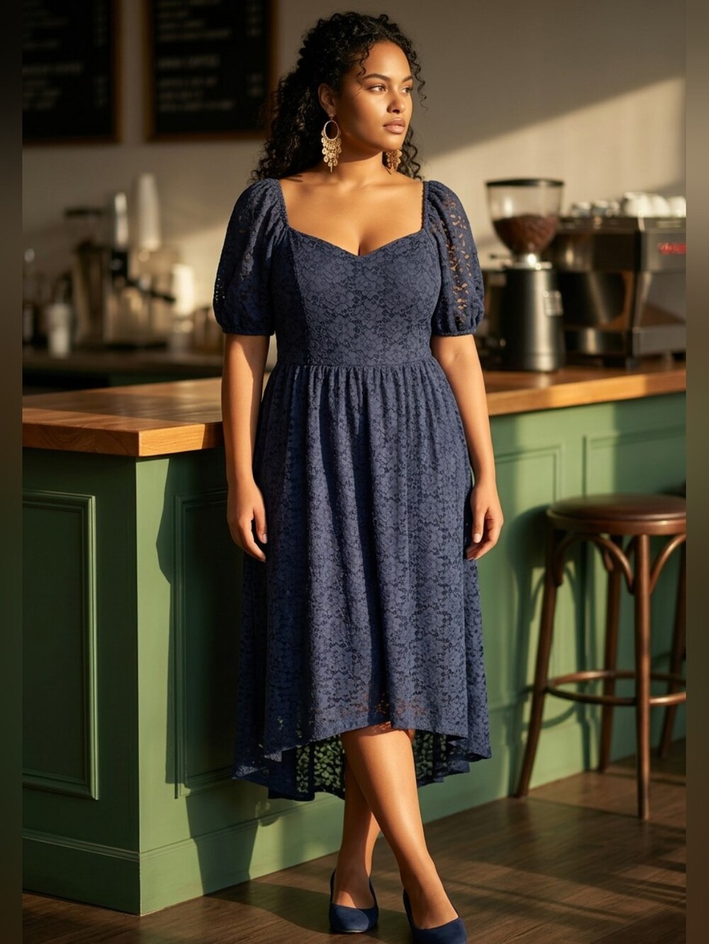 NWT NSR Soft Lace Dress Hi-Low Hemline Puff Sleeves Blue Sz L